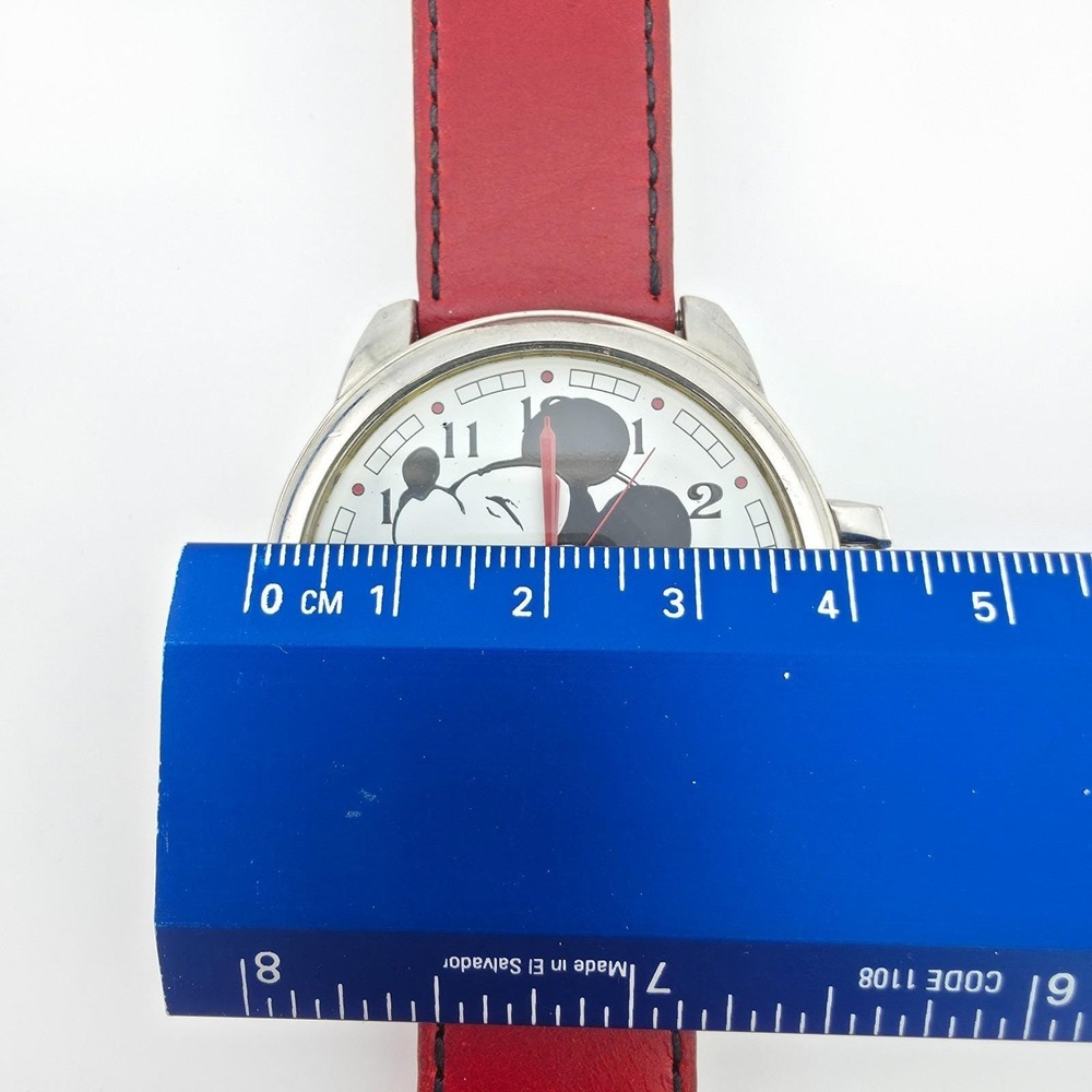 DISNEY 'American Cheese' Watch Mickey Mouse Red Leather‎ Silver Tone 44mm 8.5" - Picture 13 of 15
